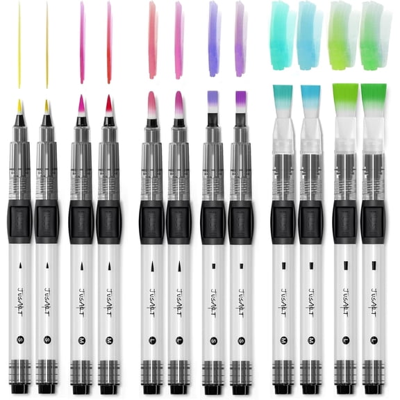 JusArt Water Brush Pens 12-Pack Leak-Proof Refillable Watercolor Pens for Acrylic and Gouache Painting - Includes Pointed & Flat Tip Styles - Portable Water Brushes for Artists, Beginners