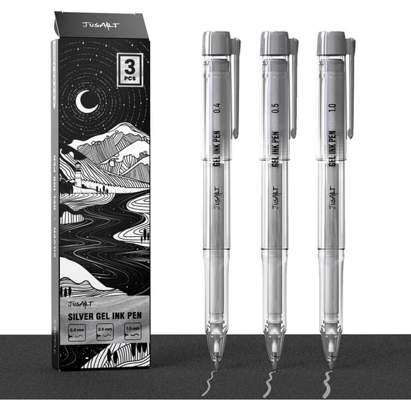 JusArt Silver Pens with 0.4mm, 0.5mm & 1.0mm Assorted Tips, Opaque Ink Gel Pens for Black Paper, Drawing, Journaling & DIY Crafts, Ideal Drawing Pens for Artists & Art Supplies, 3 Pack
