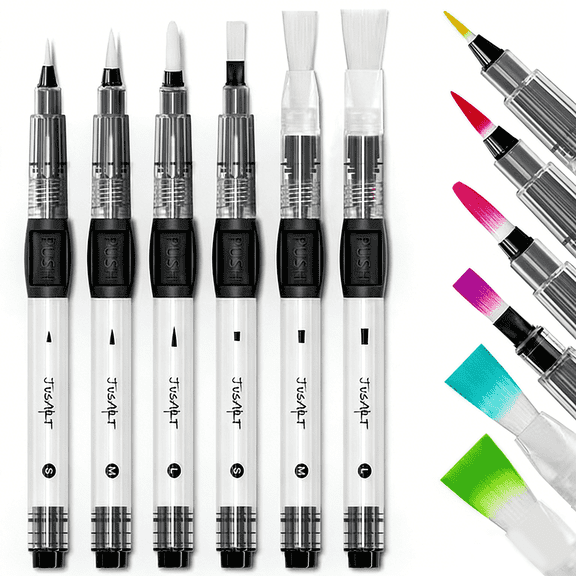 JusArt Water Brush Pens 6-Pack Leak-Proof Refillable Watercolor Pens for Acrylic and Gouache Painting - Includes Pointed & Flat Tip Styles - Portable Water Brushes for Artists, Beginners