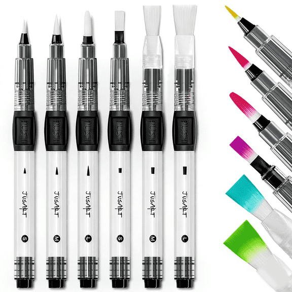 JusArt Water Brush Pens 6-Pack Leak-Proof Refillable Watercolor Pens for Acrylic and Gouache Painting - Includes Pointed & Flat Tip Styles - Portable Water Brushes for Artists, Beginners