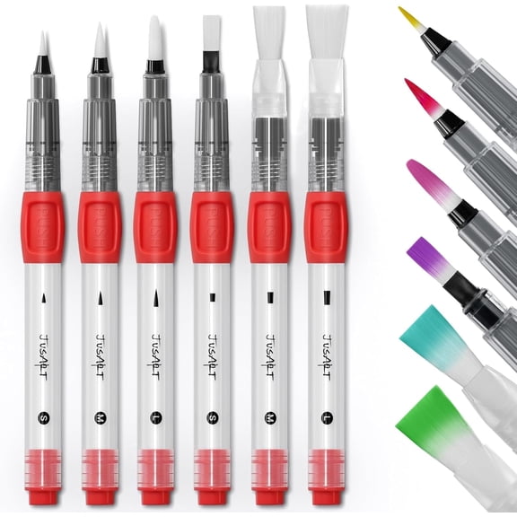 JusArt Water Brush Pens 6-Pack Leak-Proof Refillable Watercolor Pens for Acrylic and Gouache Painting, Portable Water Brushes for Artists, Beginners, Adults,Red