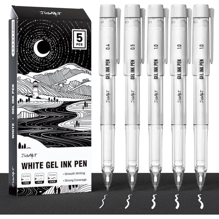 JusArt White Gel Pens with 0.4mm, 0.5mm & 1.0mm Assorted Tips, Opaque White Ink Pens for Black Paper, Drawing, Journaling & DIY Crafts, Ideal Drawing Pens for Artists & Art Supplies, 5 Pack