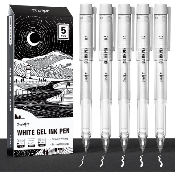 JusArt White Gel Pens with 0.4mm, 0.5mm & 1.0mm Assorted Tips, Opaque White Ink Pens for Black Paper, Drawing, Journaling & DIY Crafts, Ideal Drawing Pens for Artists & Art Supplies, 5 Pack