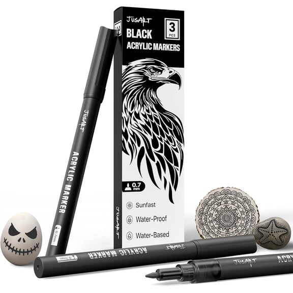 JusArt 3 Pack Black Permanent Markers, 0.7mm Fine Point Acrylic Paint Pens for Rock Painting, Art Projects, Ceramic, Glass, Wood, Metal, Fabric, DIY, Ideal White Acrylic Marker for Art Supplies