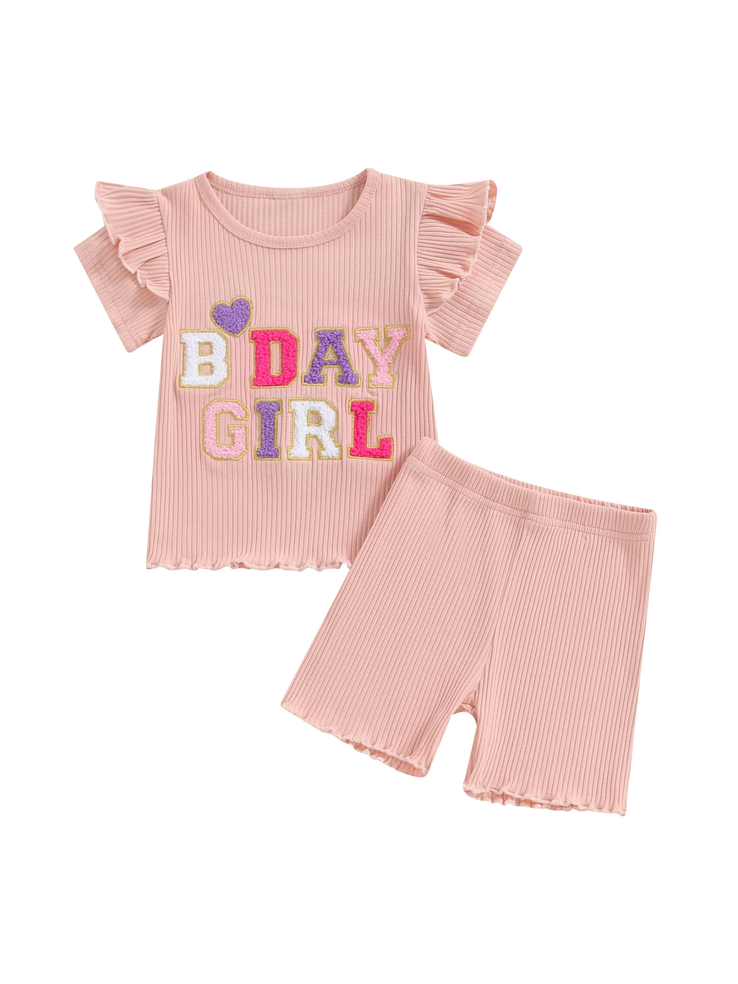 Jusbysis Little Girl Birthday Outfits Letter Embroidery Short Sleeve T