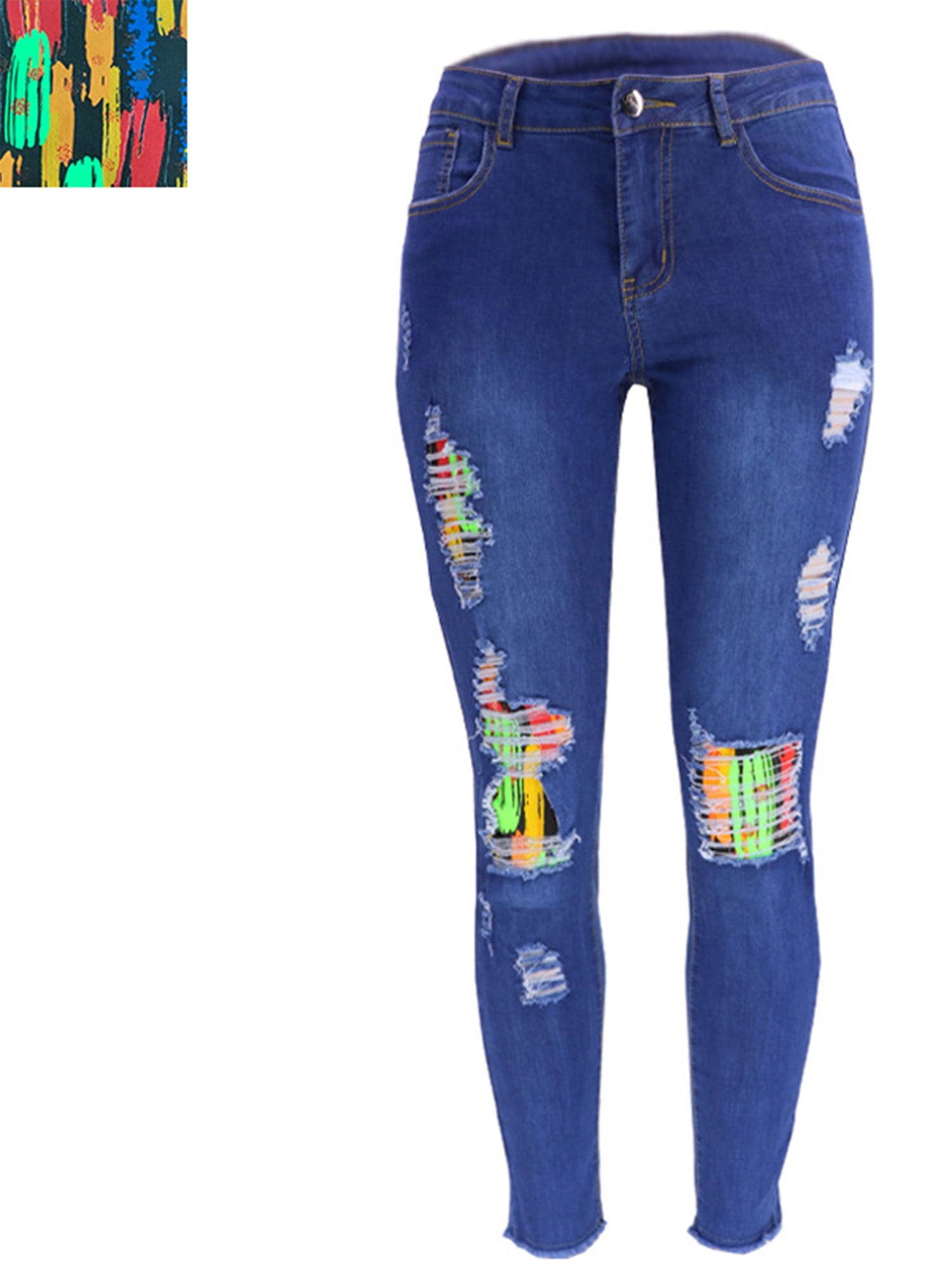 Jusddie Ladies Bottoms Button Stretch Denim Pants Ripped Vacation