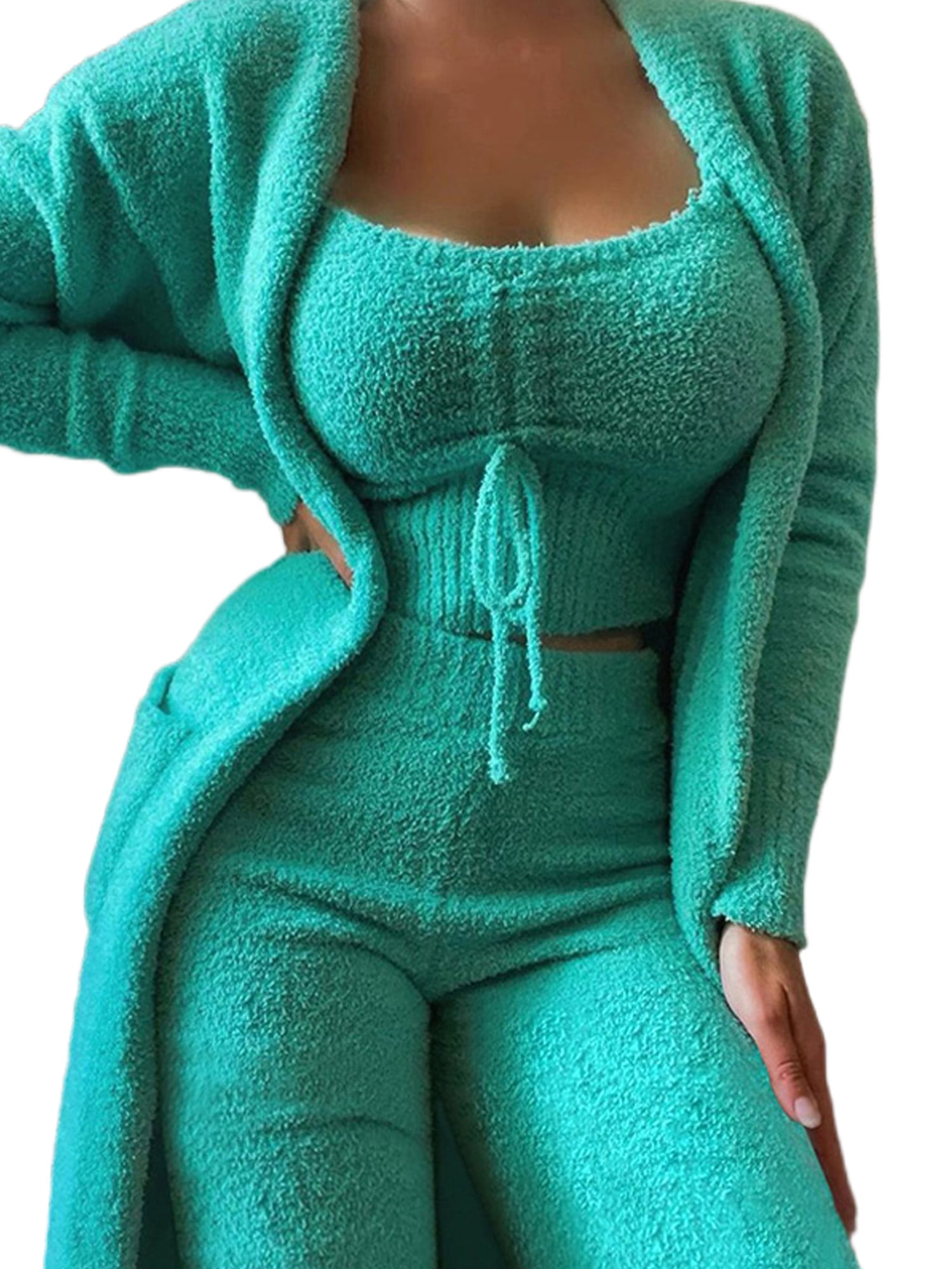 Jusddie Ladies Lounge Sets Open Front Regular Fuzzy 3 Piece