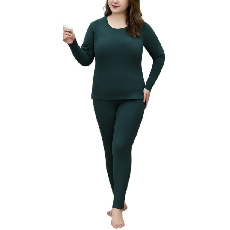 Jusddie Ladies Top And Bottom Suits 2 Pieces Warm Thermal Underwear Solid  Color Base Layer Long Johns Set Sleeve Winter Dark Green 3XL