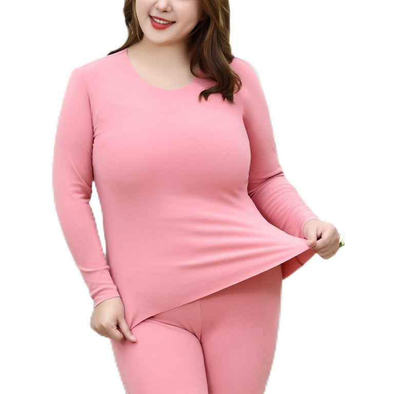 Jusddie Ladies Top And Bottom Suits 2 Pieces Warm Thermal Underwear Solid  Color Base Layer Long Johns Set Sleeve Winter Pink 6XL