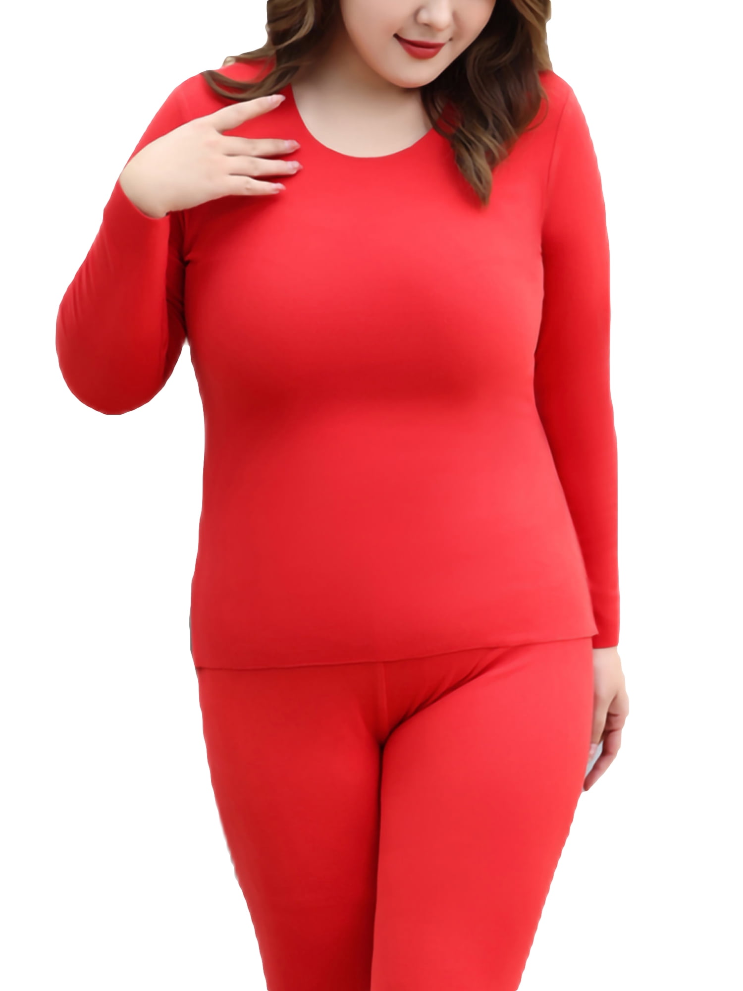 Jusddie Ladies Top And Bottom Suits 2 Pieces Warm Thermal Underwear Solid  Color Base Layer Long Johns Set Sleeve Winter Red 3XL 