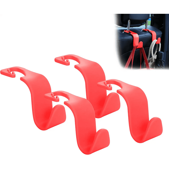 Jusdreen Car Seat Headrest Hook 4 Pack Hanger Storage Organizer Universal for Handbag Purse Coat Universal Fit Vehicle Car- Red
