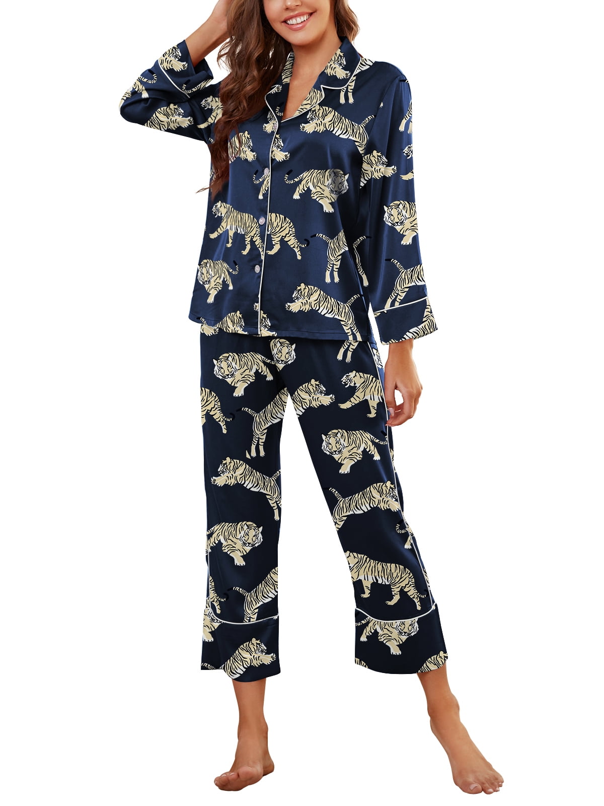 Jusfitsu Silk Satin Pajama Set for Women Long Sleeve Sleepwear V Neck Two Piece Pjs Soft