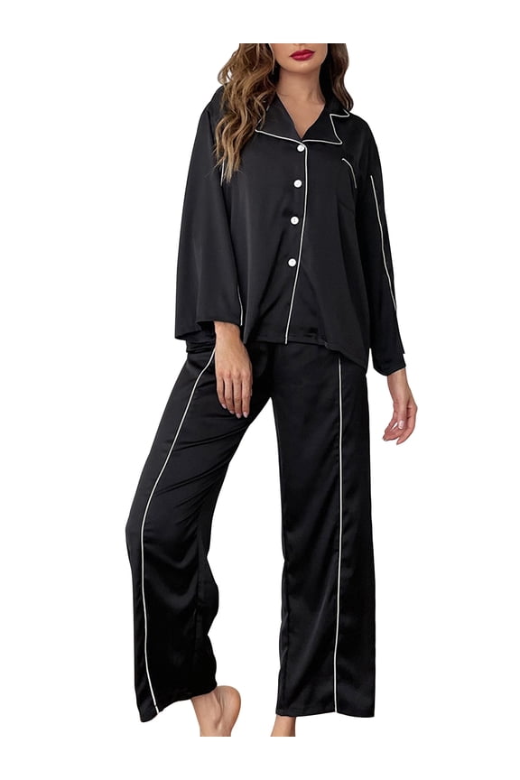 Silk Satin Pajama Sets for Women Two Piece Pjs Long Sleeve Loungewear Button Down Sleepwear Pj Set