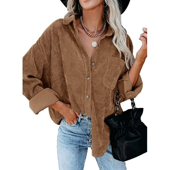 Jusfitsu Women’s Shacket Jacket Corduroy Long Sleeve Blouse Tops Casual Button Down Shirts for Women Oversized Top