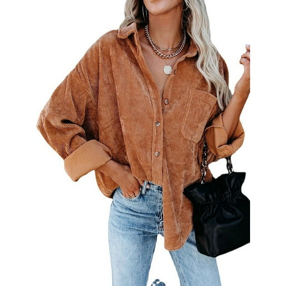 Jusfitsu Women’s Shacket Jacket Corduroy Long Sleeve Blouse Tops Casual Button Down Shirts for Women Oversized Top