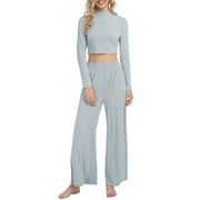 Jusfitsu Yoga Outfits for Women Two Piece Mock Neck Workout Sets with Crop top Long Sleeve Lounge Set