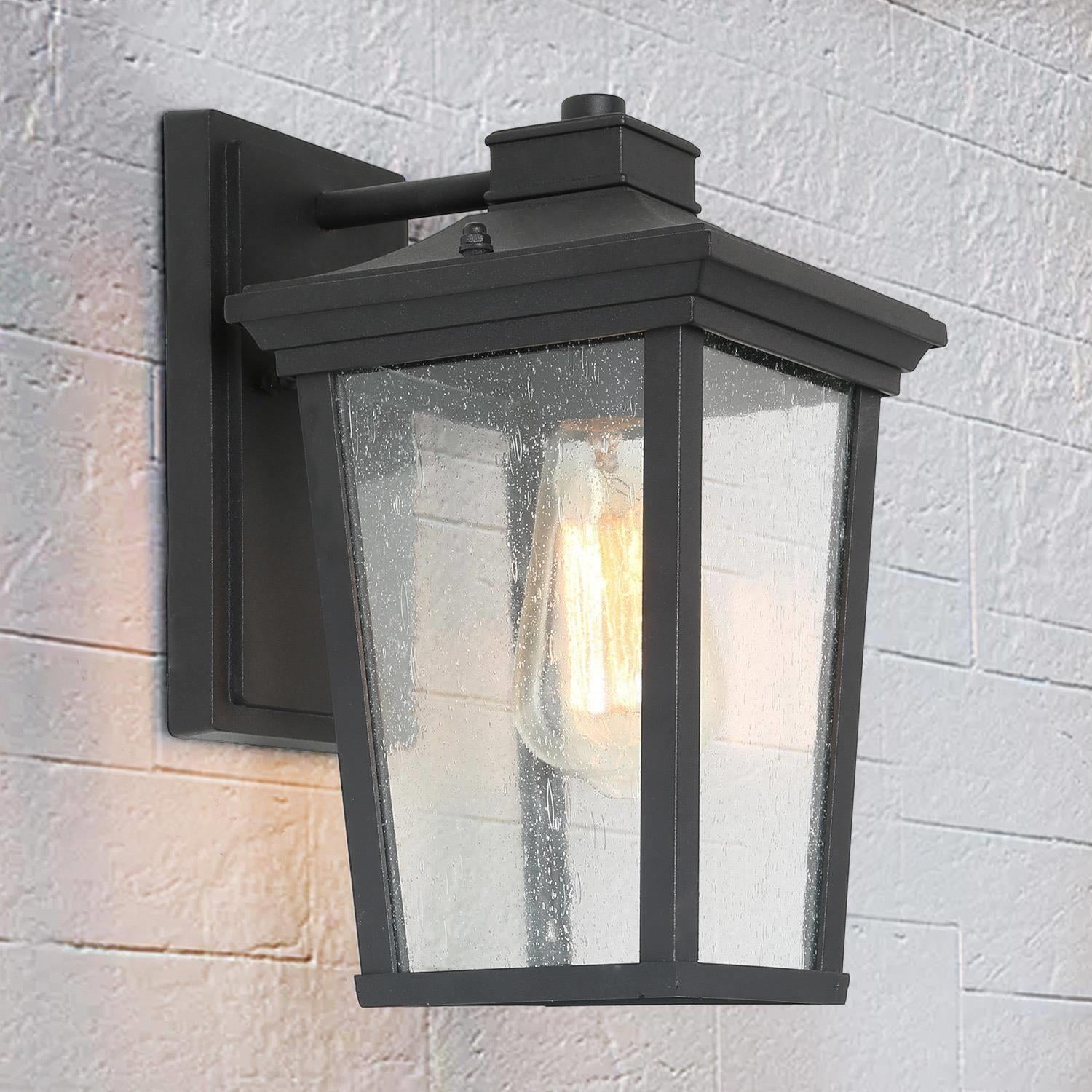 LNC Jusiz 11-in H Black and Seeded Glass Medium Base (E-26) Outdoor Wall Light,11"H