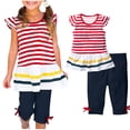 thumbnail image 1 of Juslio 2-Piece Kids Comfortable Girls Crew Neck Striped Ruffled Sleeve Shirts Tops+Capris Breathable Outfits Sets 4 Years, 1 of 5