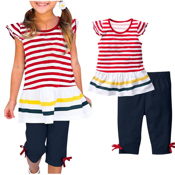 Juslio 2-Piece Kids Comfortable Girls Crew Neck Striped Ruffled Sleeve Shirts Tops+Capris Breathable Outfits Sets 4 Years