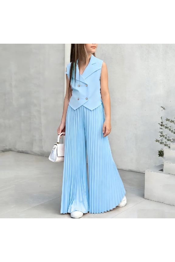 2-Piece Kids Sleeveless Girls Comfortable Suit Tops+Wide Leg Pleated Pants Breathable Outfits Sets 4-5Years