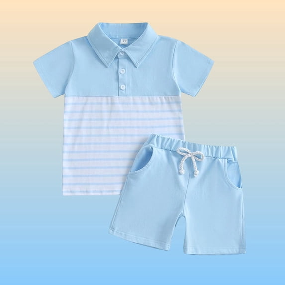 Juslio 2-Piece Kids Toddler Boys Knitting Cotton Striped Collar T Shirts Tops+Drawstring with Pockets Shorts Comfortable Breathable Outfits Sets 2 Years