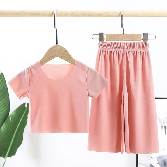 Juslio 2-Piece Kids Toddler Girls Crew Neck Ice Silk T Shirts Tops+Elastic Waist Capris Comfortable Breathable Outfits Sets 3 Years