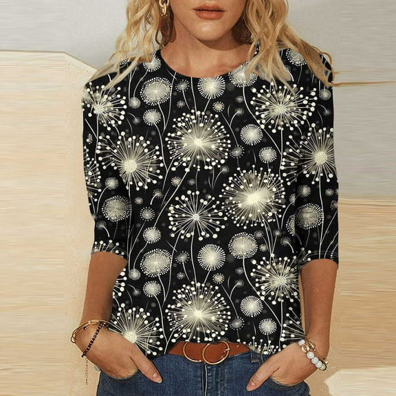 Juslio Blouses for Women Crew Neck 3/4 Sleeve Tees Print Graphic Tops Casual Loose