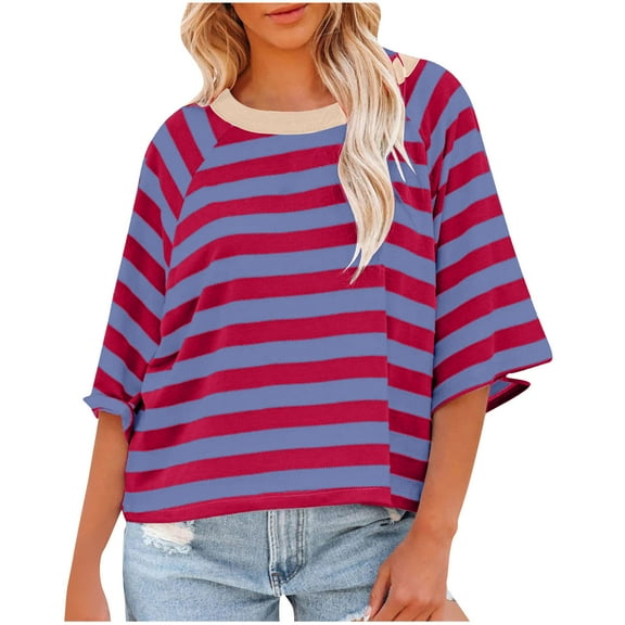 Juslio Blouses for Women Crew Neck 3/4 Sleeve Tees Solid Blouses Casual Loose