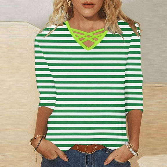 Juslio Blouses for Women V-Neck 3/4 Sleeve Tees Solid Tops Plus Size Casual Loose