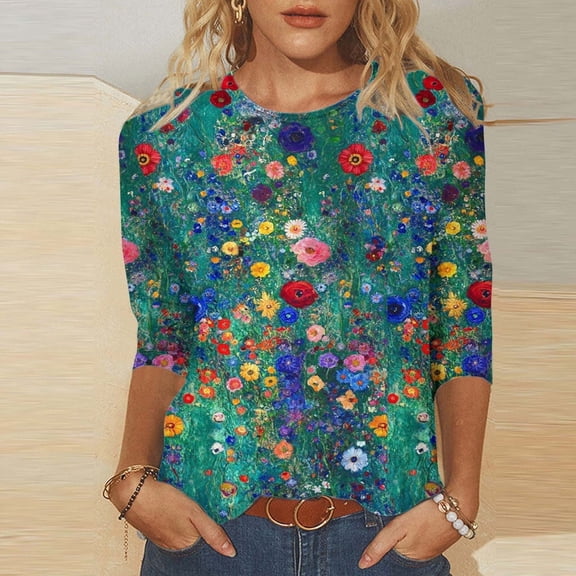 Juslio Blouses for Womens Shirts 3/4 Sleeve Floral Print Crew Neck Casual Blouses Multicolor XXXL