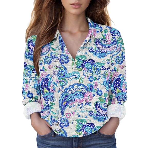 Juslio Blouses for Womens Long Sleeve Shirts Button Casual V-Neck Tops Blouses Multicolor L