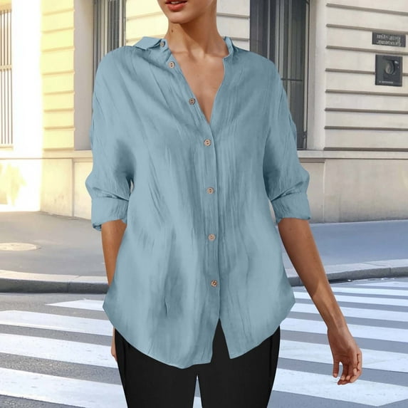 Juslio Blouses for Womens Long Sleeve Shirts Button Tops V Neck Casual Blouses Blue XL