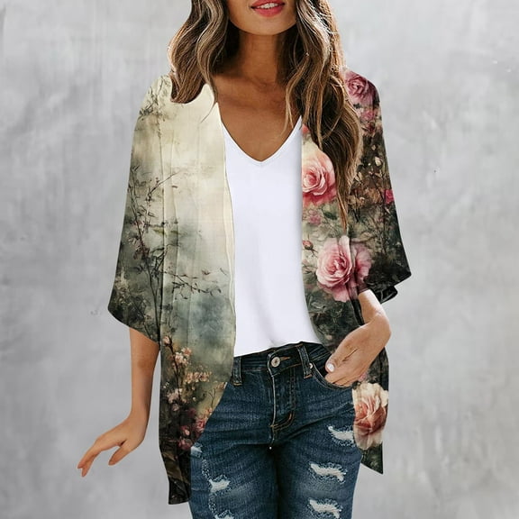 Juslio Blouses for Womens Long Sleeve Shirts Flowers V-Neck Casual Cardigans Blouses Multicolor L(US:8)