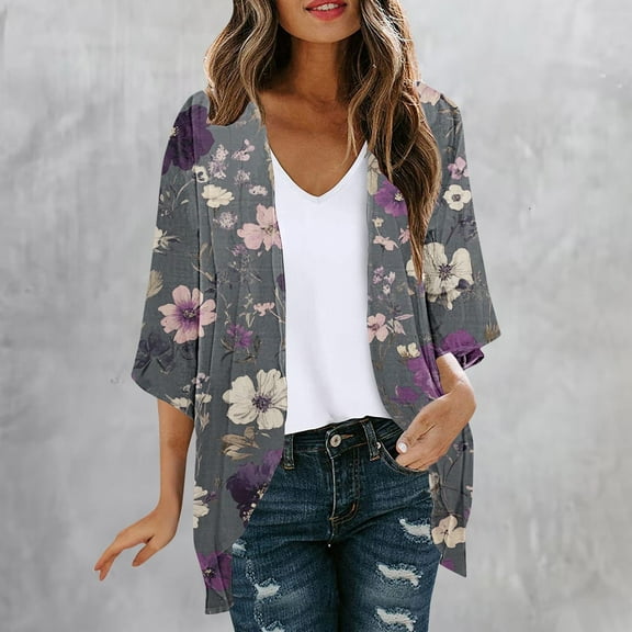 Juslio Blouses for Womens Long Sleeve Shirts Flowers V-Neck Casual Cardigans Blouses Multicolor L(US:8)