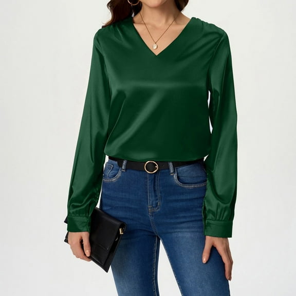 Juslio Blouses for Womens Long Sleeve Shirts Solid Color V Neck Casual Blouses Green S