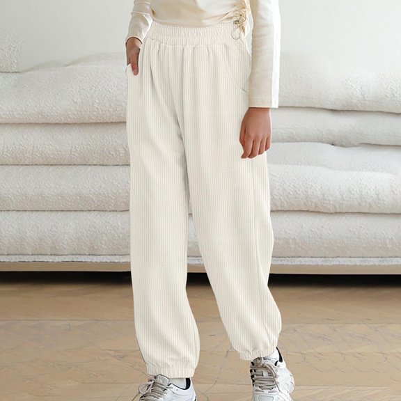 Juslio Girls Pants Casual Solid Comfortable Sports Worn As With Ankle Cuffs White