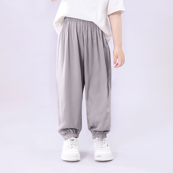 Juslio Boys Pants Casual Solid Summer Elastic Waistb Pocket Sports Full Length for Kids Gray