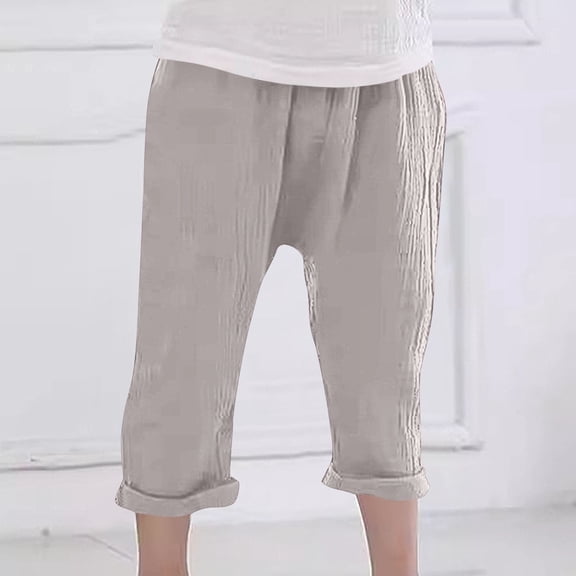 Juslio Girls Pants Casual Solid Summer Wrinkled Cotton Linen Fabric Lightweight Breathable Nine Inch Linen Pants