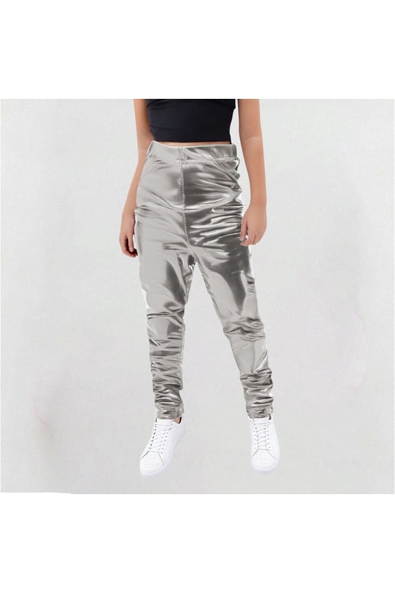 Boys Pants Casual Solid With Shiny Leather Face Dance Stretch Silver