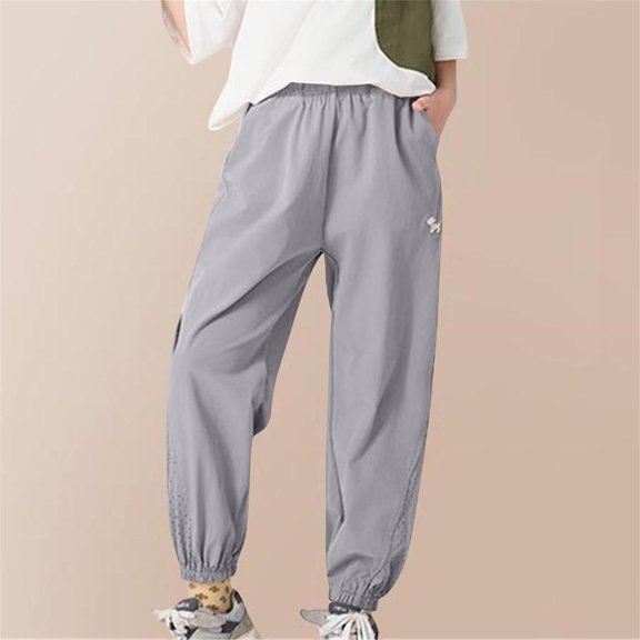 Juslio Girls Pants Loose Comfortable Work Ankle Tied With Pockets Sports Gray
