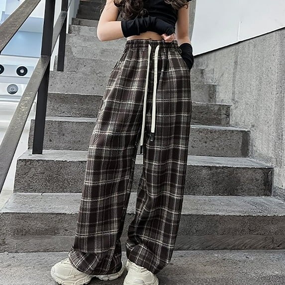 Juslio Boys Pants Pockets 3-13 Years Checkered High Waist Strap Straight Coffee