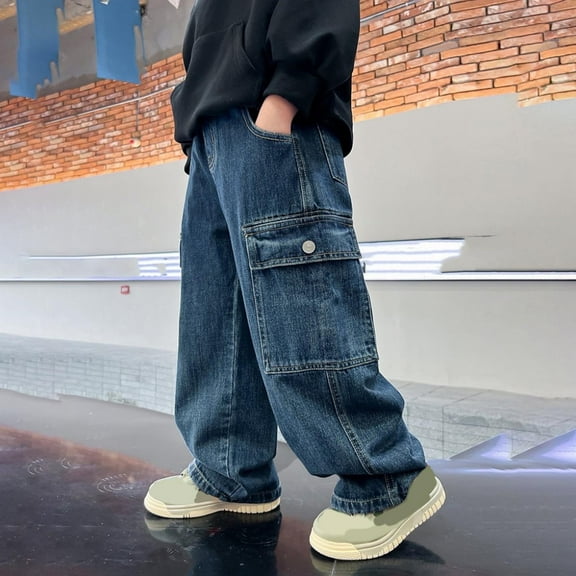 Juslio Boys Pants Pockets Jeans With Comfortable Elastic Waistb for Adults for Blue
