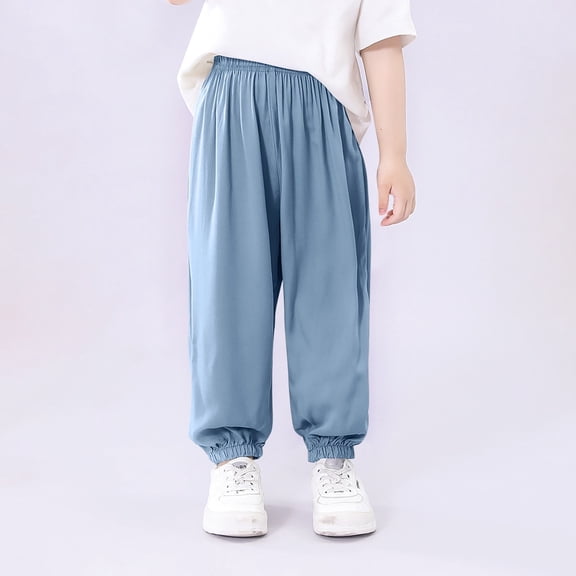 Juslio Boys Pants Solid Casual Summer Elastic Waistb Pocket Sports Full Length for Kids Blue