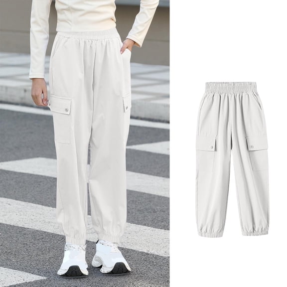 Juslio Girls Pants Solid Casual Summer Work Sports Mid Size Leg Tied White
