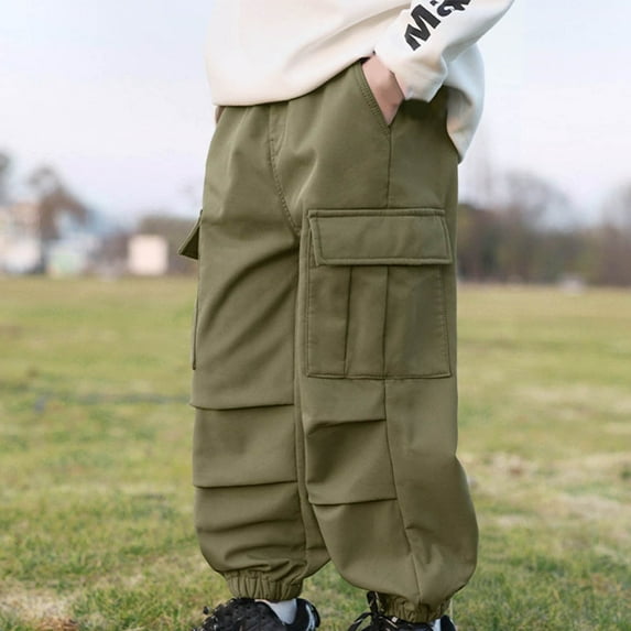 Juslio Boys Pants Solid Pockets Boy's Straight Leg With Pocket Ankle Work Waterproof kids Army Green