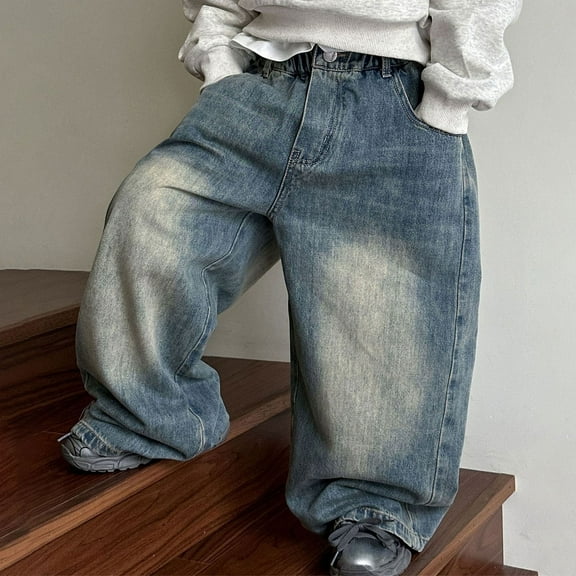 Juslio Boys Pants Solid Pockets Jeans Multi Port Bag Elastic Waist Blue