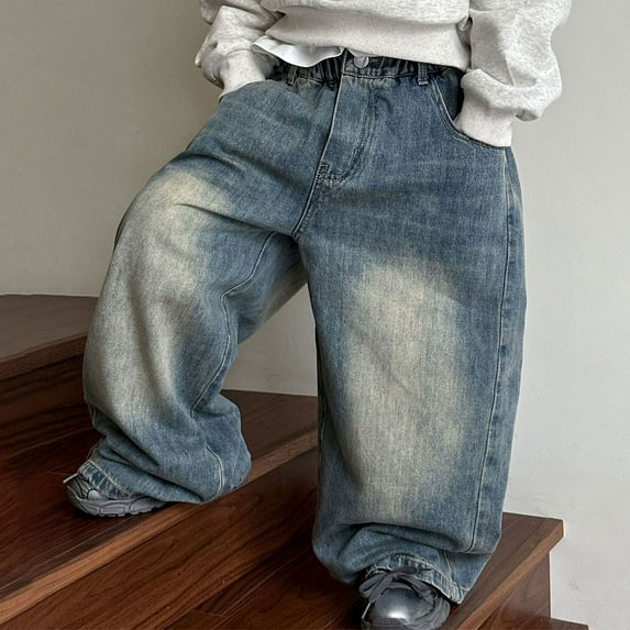 Juslio Boys Pants Solid Pockets Jeans Multi Port Bag Elastic Waist Blue