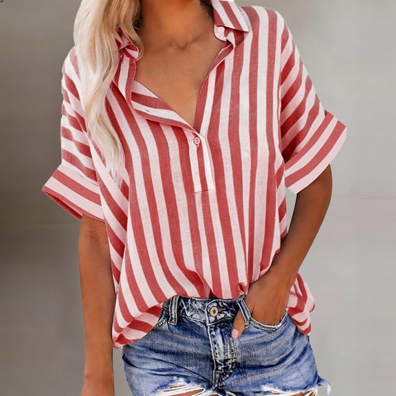 Juslio Button Shirts for Women Short Sleeve Striped Linen Collar Blouses Tops S