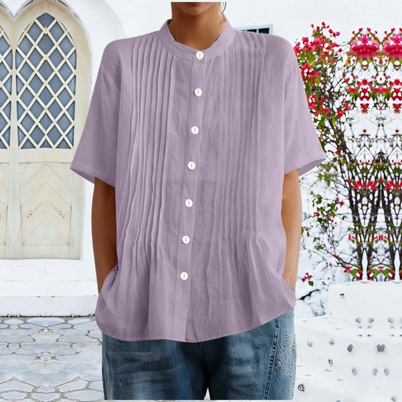 Juslio Button Womens Shirts Short Sleeve Cardigans Linen Crewneck Blouses Tops XL