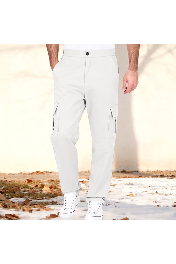 Button Zipper Men Pants with Pockets Relaxed Fit Drawstring Elastic Waist Hiking Cargo Pants XL